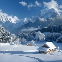 Wall Mural - A winter wonderland of snow-covered trees and mountains with a cabin nestled in the foreground