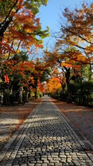 Poster - Cobblestone Path Through Autumn Trees