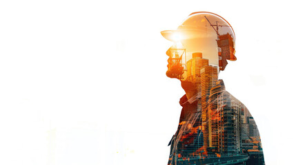 Portrait of a construction worker man with safety helmet letting see city buildings under construction. Transparent background or PNG file