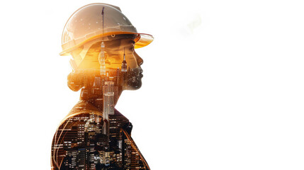 Portrait of a construction worker man with safety helmet letting see city buildings under construction. Transparent background or PNG file