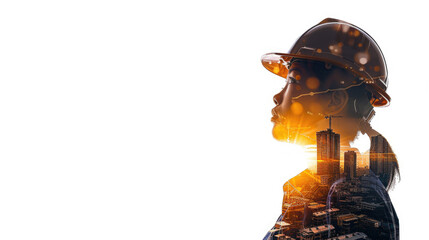 Portrait of a construction worker man with safety helmet letting see city buildings under construction. Transparent background or PNG file