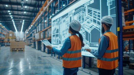 Wall Mural - Group of professional warehouse worker working together while planning and looking at monitor. Smart engineer team talking about shipping plan while checking at storage. Industrial concept. AIG42.