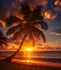 Wall Mural - Palm tree at sunset on a tropical beach