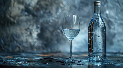 Sticker - Glass and bottle of sparkling water with bubbles on dark blue textured background