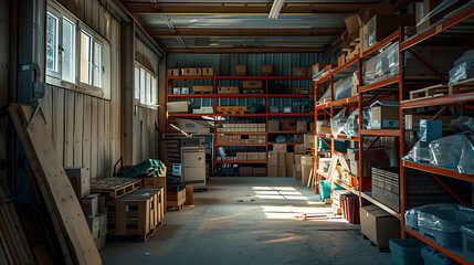 Wall Mural - A warehouse with many boxes on the shelves