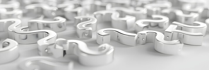 Fototapete - A large number of question marks arranged in an abstract pattern on a white background, in a 3D rendering with shallow depth of field and focus on the foreground text space. The use of bright silver l