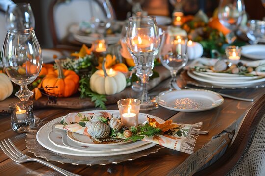 table setting with elegant dinnerware autumn-themed napkins and centerpiece of candles and mini pumpkins.