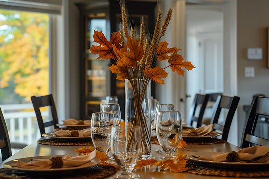 Thanksgiving table centerpiece featuring tall glass vase filled with autumn leaves and wheat stalks.