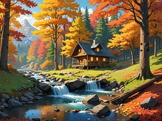 Wall Mural - A serene autumn scene in the forest with colorful leaves falling from the trees, sunlight filtering through the canopy, a small stream flowing peacefully, and a cozy cabin in the background