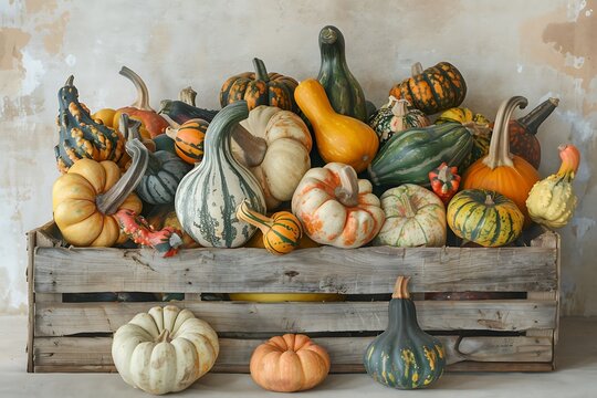 wooden crate filled with variety of colorful gourds and squash set against soft neutral background.