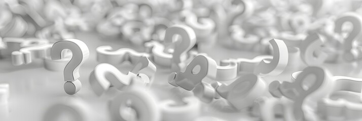 Fototapete - White background with many question marks, blurred background, banner format, black and white style, close up, large number of letters, white tone, depth of field effect, simple design, high resolutio