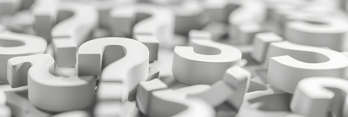 Fototapete - White background with many question marks, blurred background, banner format, black and white style, close up, large number of letters, white tone, depth of field effect, simple design, high resolutio