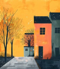 Wall Mural - Small buildings under the orange sky