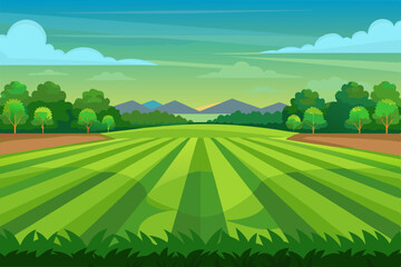 Wall Mural - Cartoon vector illustration of lush green fields