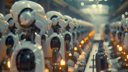 Poster - A row of robotic arms working in unison on an assembly line in a manufacturing facility, Explore the concept of artificial intelligence replacing traditional human labor