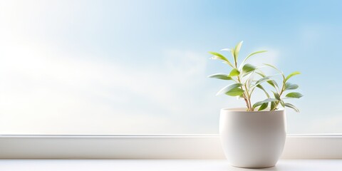 Wall Mural - White Pot on Window Sill Background, Sun Morning Mockup, House Windows Banner with Copy Space