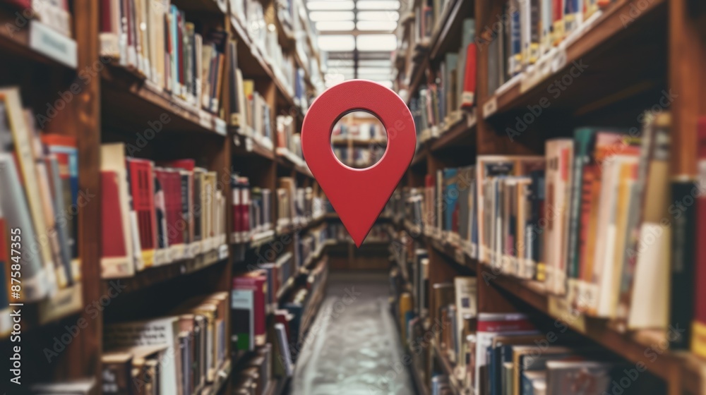 Library Map Pin Library location pin bookshelf. Red location pin in a bookshelf with ...