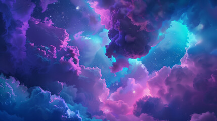 Wall Mural - The sky is filled with colorful clouds and stars. The colors are bright and vibrant, creating a sense of wonder and awe. The scene is peaceful and calming