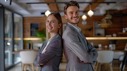 Canvas Print - Successful happy businessman and businesswoman standing back to back with arms crossed and smiling at camera, office interior. Partnership concept - generative ai