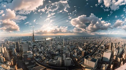 Poster - The city of Tokyo captured through a fish eye lens, showcasing its everchanging skyline, Explore the vast, ever-changing skyline of Tokyo from various perspectives and angles