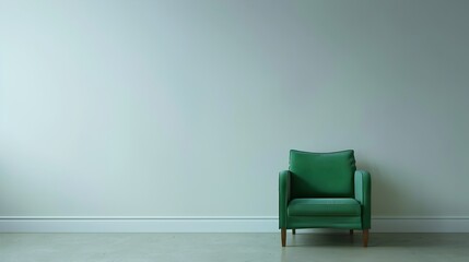 Minimalistic Living Room Interior white wall with green Wooden Armchair copy space or text space 