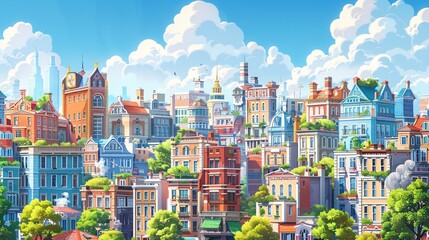 Wall Mural - Cheerful cartoon city with a sunny burst sky, depicting unique architectural landmarks and bustling streets, great for travel brochures or posters.