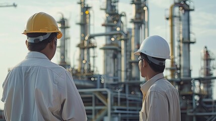 Wall Mural - Two Asian engineer man with safety helmet standing front of oil refinery. Industry zone gas petrochemical. storage tank and pipeline. Workers work in the refinery construction building - generative ai