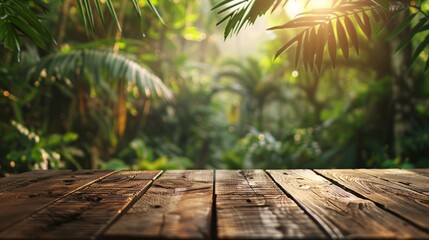 Wall Mural - Summer-themed wooden table with blurred tropical forest background, perfect for displaying product advertisements in a serene, natural setting