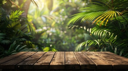 Wall Mural - Wooden table top with a backdrop of vibrant summer green tropical jungle, providing a scenic setting for product advertising and promotions