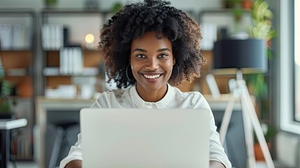 Wall Mural - Young smiling confident happy successful employee IT businessman wears white shirt casual clothes hold use work on laptop pc computer surfing internet sit at office desk - generative ai