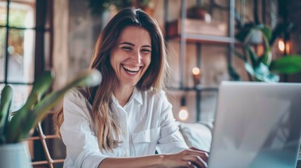 Wall Mural - Young smiling confident happy successful employee IT businessman wears white shirt casual clothes hold use work on laptop pc computer surfing internet sit at office desk - generative ai