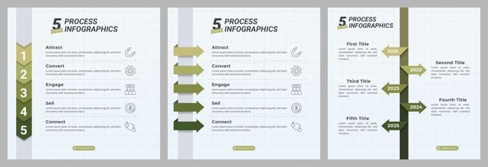 Arrow Timeline Infographics Bundle/Set with 5 Steps and Editable Text on a 1:1 ratio layout for Presentation, Booklet, and Social Media Feeds.