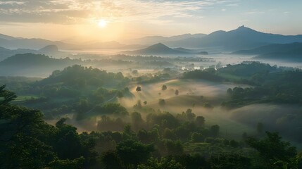 Poster - Beautiful sunrise over the misty valley