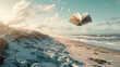 © Prasanth - An art book floats through the windy sky above the sandy beach, blending with the clouds and water, creating a beautiful natural landscape