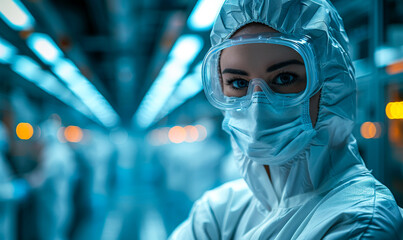 Poster - scientist in protective gear conducting research in high-tech laboratory focused on semiconductor an