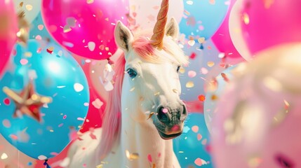 Poster - Festive unicorn star confetti balloons and New Year card with focus