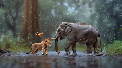 Cute small lion playing with elephant in heavy raining very detailed and realistic shape