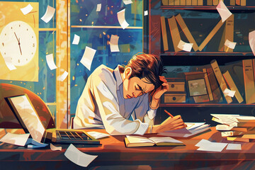 Wall Mural - concept burnout -  illustration male person who hold his head with hands while flying paperwork arround
