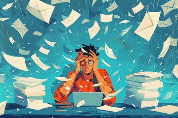 Wall Mural - concept burnout -  illustration male person who hold his head with hands while flying paperwork arround