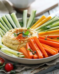 A plate of organic vegetable sticks with hummus in a modern office setting, no text,