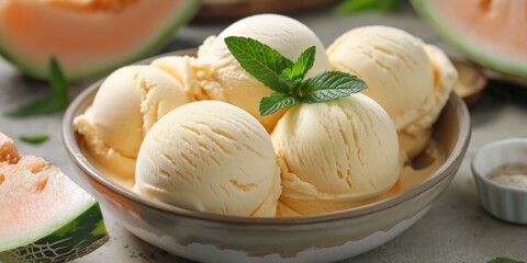 A refreshing treat of vanilla ice cream with mint leaves, served in a bowl during summer.