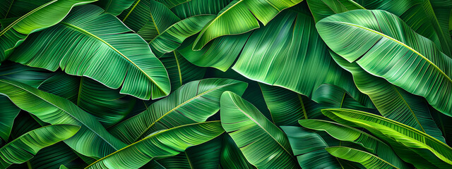 Wall Mural - Abstract background of lush green leaves and tropical foliage in a vibrant, verdant setting