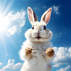 Poster - white rabbit on blue sky