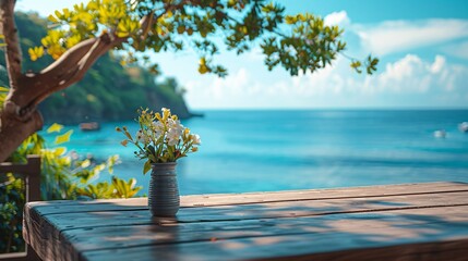 Wall Mural - Empty surface of an outdoor table on a balcony overlooking the ocean, inviting product showcasing with a backdrop of serene coastal beauty