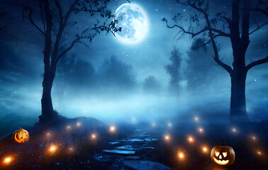 haunted forest in full moon night with spooky fog and lights, dark blue nature fantasy backg. genera