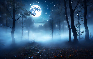 haunted forest in full moon night with spooky fog and lights, dark blue nature fantasy backg. genera