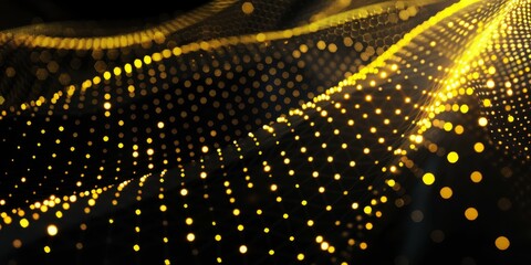 Wall Mural - Abstract black and yellow background with dynamic, glowing dots forming wave patterns. The illuminated dots create a sense of movement and depth