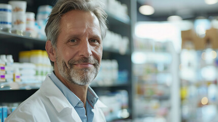 A middle-aged male pharmacist in a white coat in a drugstore