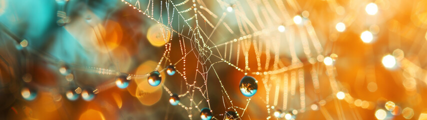 dewdrops on a spider's web, concept of the beauty of nature, created with generative AI technology