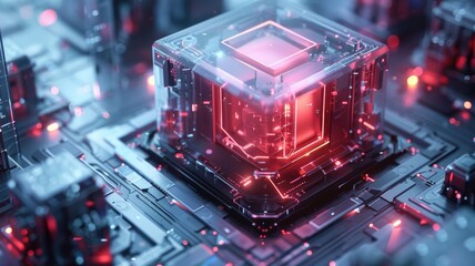 Poster - close up of futuristic digital machinery with red and white lights. digital image of energy core for